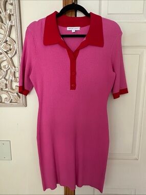 Grey Lab Los Angeles Knit Fitted Fuchsia Polo Dress with Red Trim. Size L .